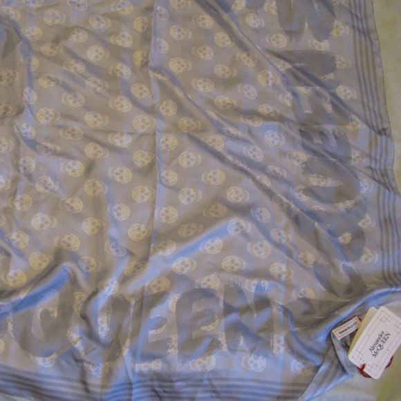 Alexander McQueen Graffiti Logo Skull Print Silk Biker Scarf Sky Blue NWT - Picture 3 of 5